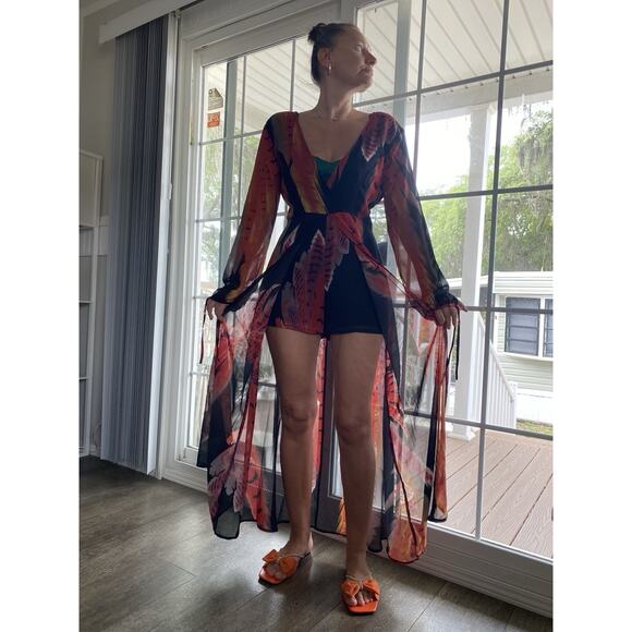 LUXXEL maxi romper dress shorts Red on black floral M - Picture 2 of 10